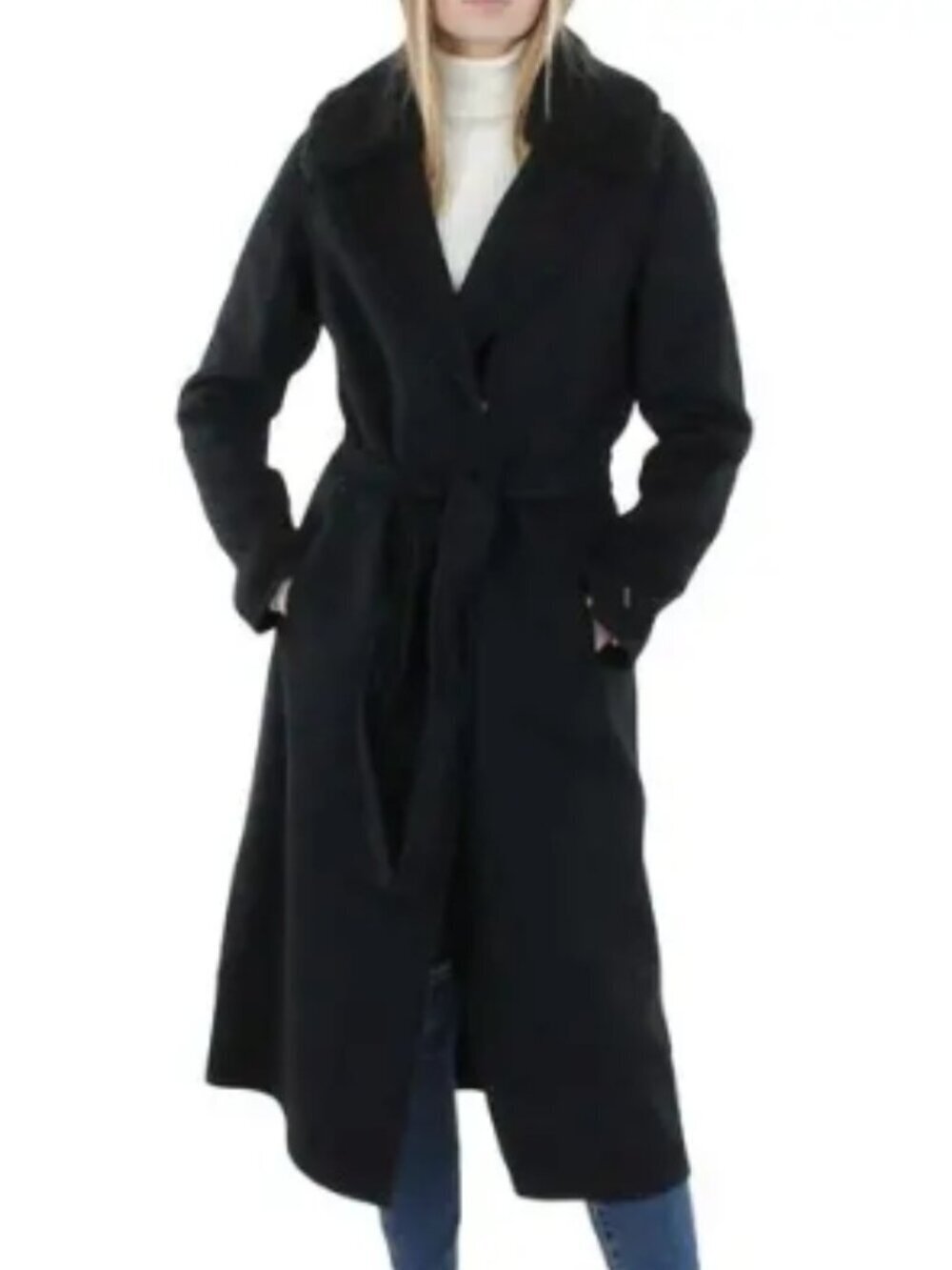 Tahari Clara Double‑Faced Wool Wrap Coat Faux Shearling Trim Black Size S NWT